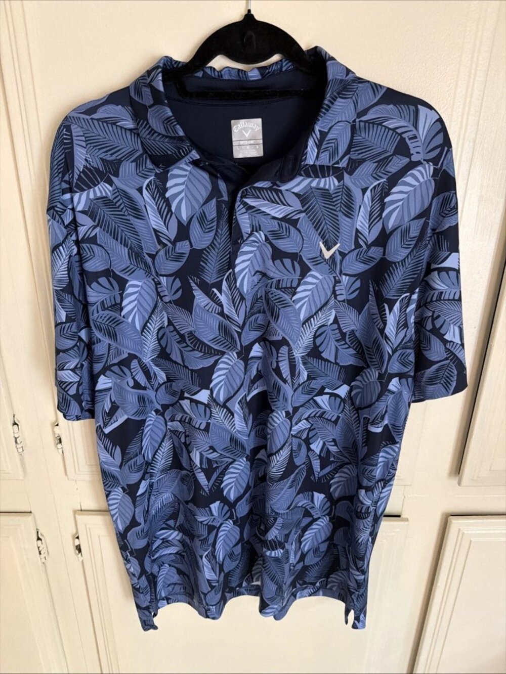 CALLAWAY Golf Polo Blue Floral Leaf Print Opti Dri Men’s Large
